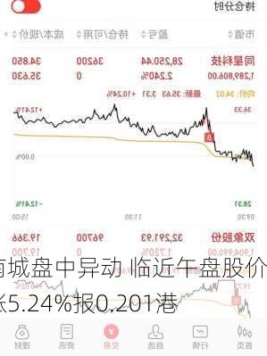 华南城盘中异动 临近午盘股价大涨5.24%报0.201港元