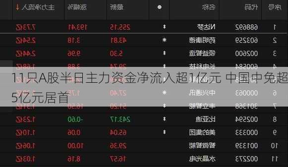 11只A股半日主力资金净流入超1亿元 中国中免超5亿元居首