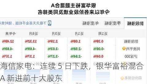 海信家电：连续 5 日下跌，银华富裕混合 A 新进前十大股东