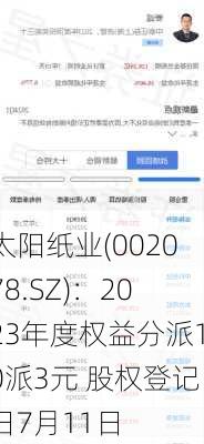 太阳纸业(002078.SZ)：2023年度权益分派10派3元 股权登记日7月11日