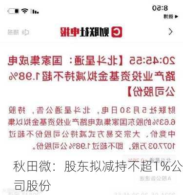 秋田微：股东拟减持不超1%公司股份