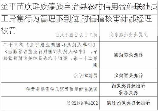 金平苗族瑶族傣族自治县农村信用合作联社员工异常行为管理不到位 时任稽核审计部经理被罚