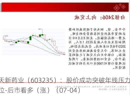 天新药业（603235）：股价成功突破年线压力位-后市看多（涨）（07-04）