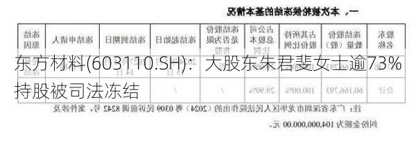 东方材料(603110.SH)：大股东朱君斐女士逾73%持股被司法冻结