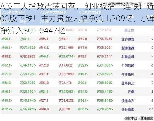 A股三大指数震荡回落，创业板指三连跌！近4900股下跌！主力资金大幅净流出309亿，小单净流入301.0447亿