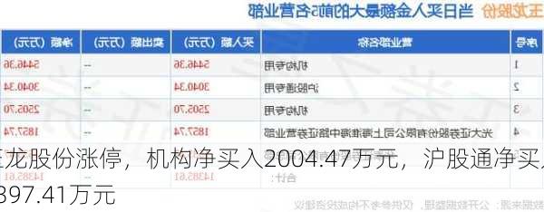 玉龙股份涨停，机构净买入2004.47万元，沪股通净买入4397.41万元