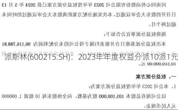 派斯林(600215.SH)：2023年年度权益分派10派1元