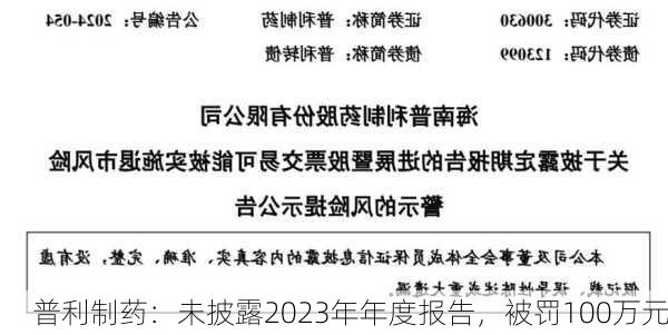 普利制药：未披露2023年年度报告，被罚100万元