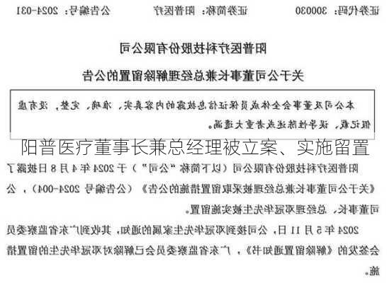 阳普医疗董事长兼总经理被立案、实施留置