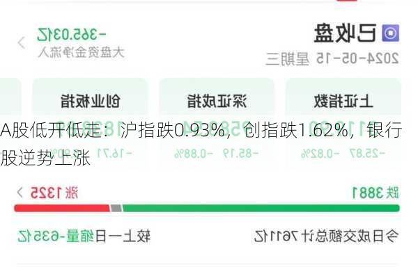 A股低开低走：沪指跌0.93%，创指跌1.62%，银行股逆势上涨