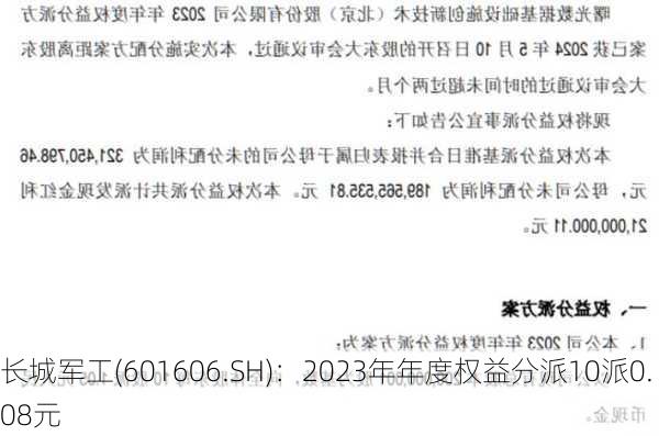 长城军工(601606.SH)：2023年年度权益分派10派0.08元