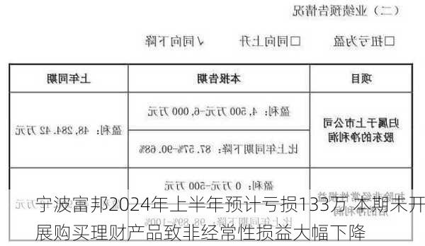 宁波富邦2024年上半年预计亏损133万 本期未开展购买理财产品致非经常性损益大幅下降