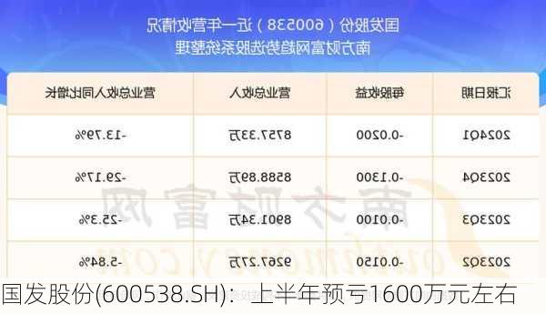 国发股份(600538.SH)：上半年预亏1600万元左右