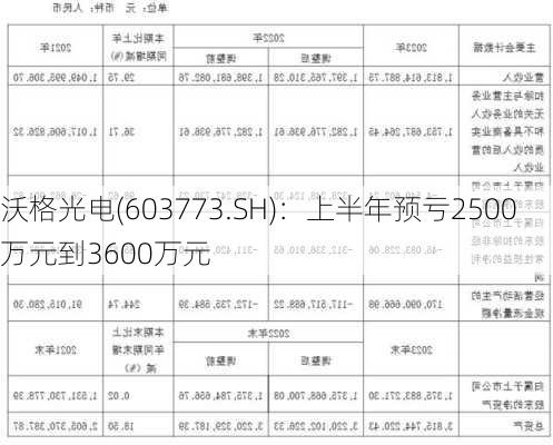 沃格光电(603773.SH)：上半年预亏2500万元到3600万元