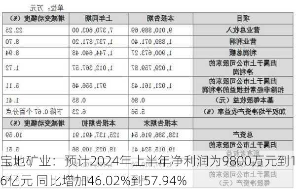 宝地矿业：预计2024年上半年净利润为9800万元到1.06亿元 同比增加46.02%到57.94%