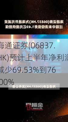 海通证券(06837.HK)预计上半年净利润减少69.53%到76.00%