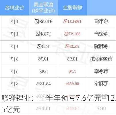 赣锋锂业：上半年预亏7.6亿元―12.5亿元