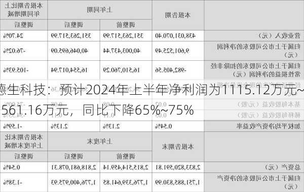 德生科技：预计2024年上半年净利润为1115.12万元~1561.16万元，同比下降65%~75%