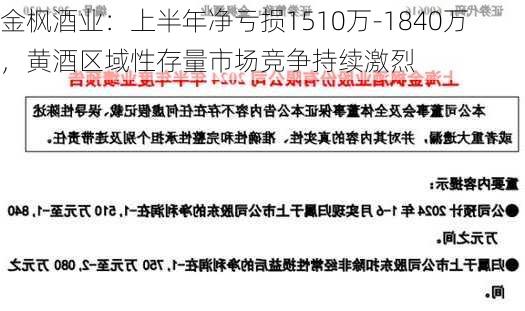 金枫酒业：上半年净亏损1510万-1840万，黄酒区域性存量市场竞争持续激烈