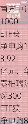 ETF资金流向：7月9日南方中证1000ETF获净申购13.92亿元，华泰柏瑞沪深300ETF获净申购8.64亿元（附图）