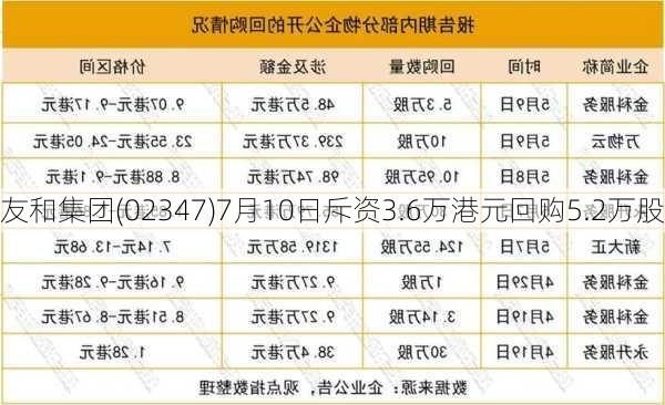 友和集团(02347)7月10日斥资3.6万港元回购5.2万股