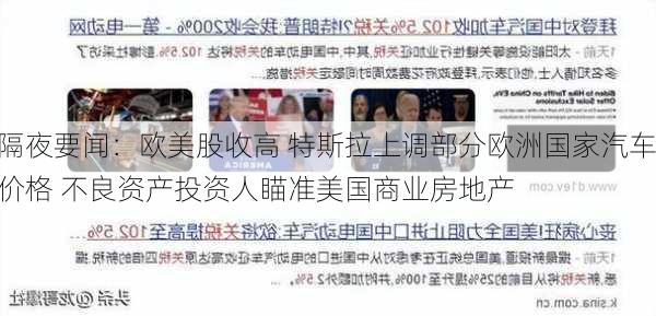 隔夜要闻：欧美股收高 特斯拉上调部分欧洲国家汽车价格 不良资产投资人瞄准美国商业房地产