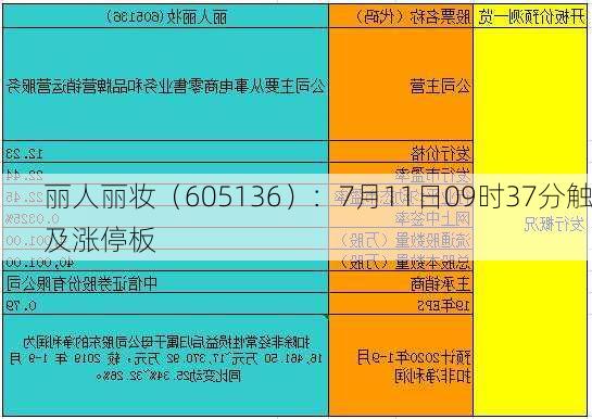 丽人丽妆（605136）：7月11日09时37分触及涨停板