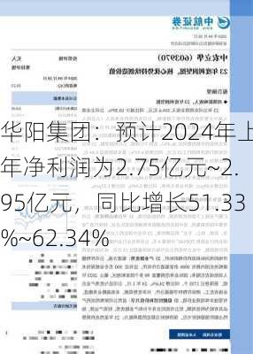 华阳集团：预计2024年上半年净利润为2.75亿元~2.95亿元，同比增长51.33%~62.34%