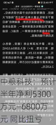 中粮科技：预计上半年净利5300万元―6800万元 同比扭亏