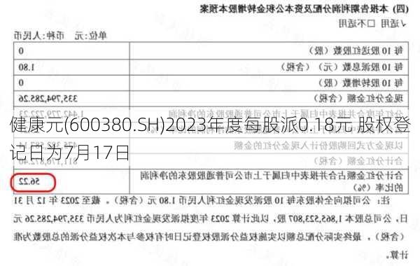 健康元(600380.SH)2023年度每股派0.18元 股权登记日为7月17日