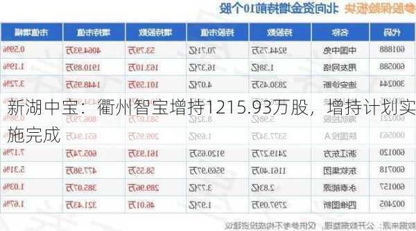 新湖中宝：衢州智宝增持1215.93万股，增持计划实施完成