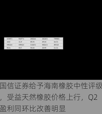 国信证券给予海南橡胶中性评级，受益天然橡胶价格上行，Q2盈利同环比改善明显