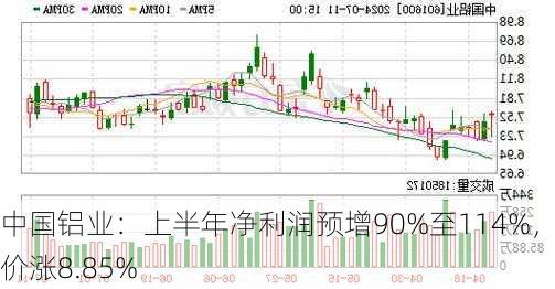 中国铝业：上半年净利润预增90%至114%，股价涨8.85%