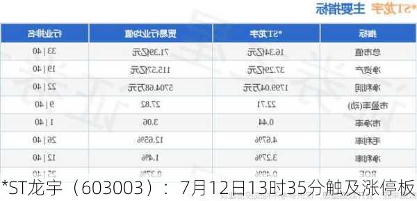 *ST龙宇（603003）：7月12日13时35分触及涨停板