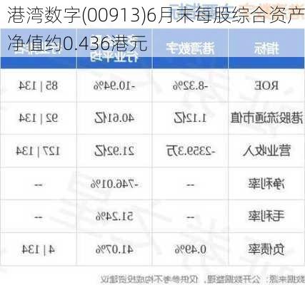 港湾数字(00913)6月末每股综合资产净值约0.436港元