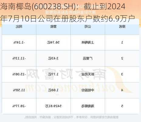 海南椰岛(600238.SH)：截止到2024年7月10日公司在册股东户数约6.9万户