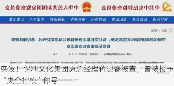 突发！保利文化集团原总经理蒋迎春被查，曾被授予“央企楷模”称号