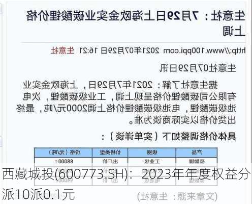 西藏城投(600773.SH)：2023年年度权益分派10派0.1元