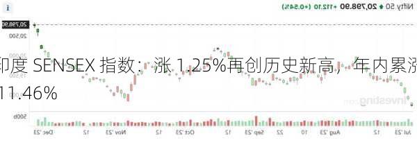 印度 SENSEX 指数：涨 1.25%再创历史新高，年内累涨 11.46%