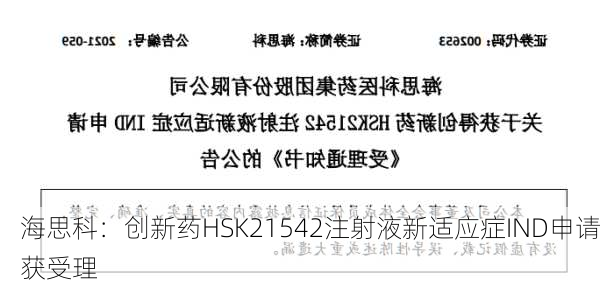 海思科：创新药HSK21542注射液新适应症IND申请获受理