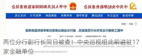 两位分行副行长同日被查！中央巡视组此前进驻17家金融单位