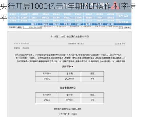 央行开展1000亿元1年期MLF操作 利率持平