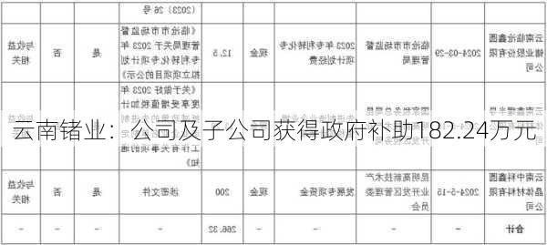 云南锗业：公司及子公司获得政府补助182.24万元