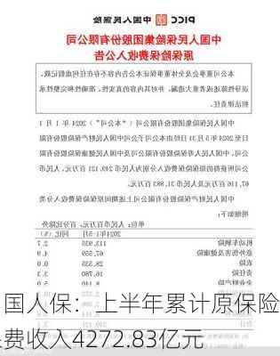 中国人保：上半年累计原保险保费收入4272.83亿元