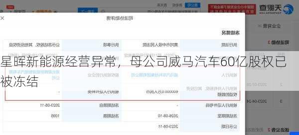 星晖新能源经营异常，母公司威马汽车60亿股权已被冻结