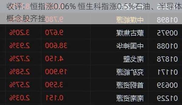 收评：恒指涨0.06% 恒生科指涨0.5%石油、半导体概念股齐挫