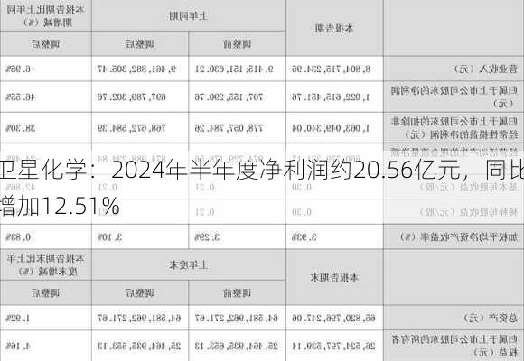 卫星化学：2024年半年度净利润约20.56亿元，同比增加12.51%