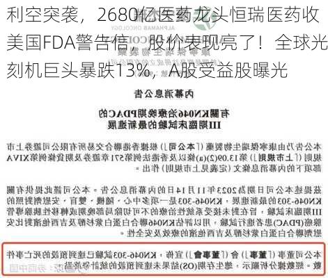 利空突袭，2680亿医药龙头恒瑞医药收美国FDA警告信，股价表现亮了！全球光刻机巨头暴跌13%，A股受益股曝光