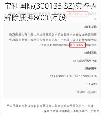 宝利国际(300135.SZ)实控人解除质押8000万股