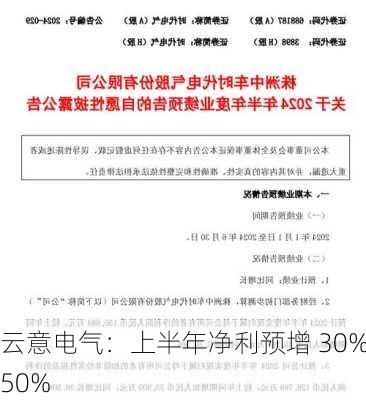 云意电气：上半年净利预增 30%-50%